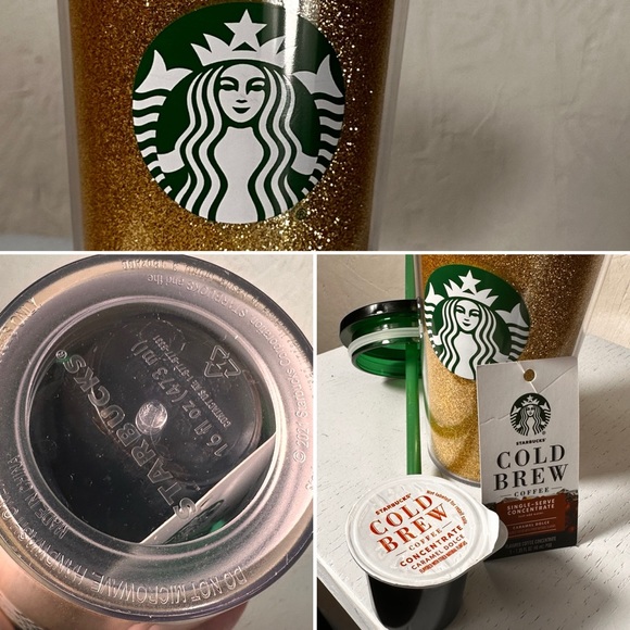 Starbucks Limited Edition Cold Brew tumbler w/coffee pod glitter gold NEW - Picture 2 of 2